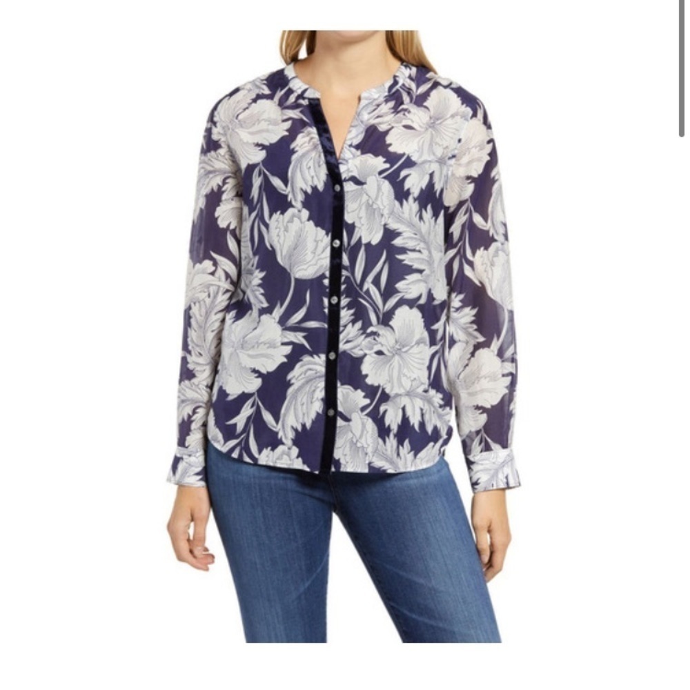 Tommy Bahama Silk Baroque Blooms Floral Shirt Island Navy Velvet Placket Small